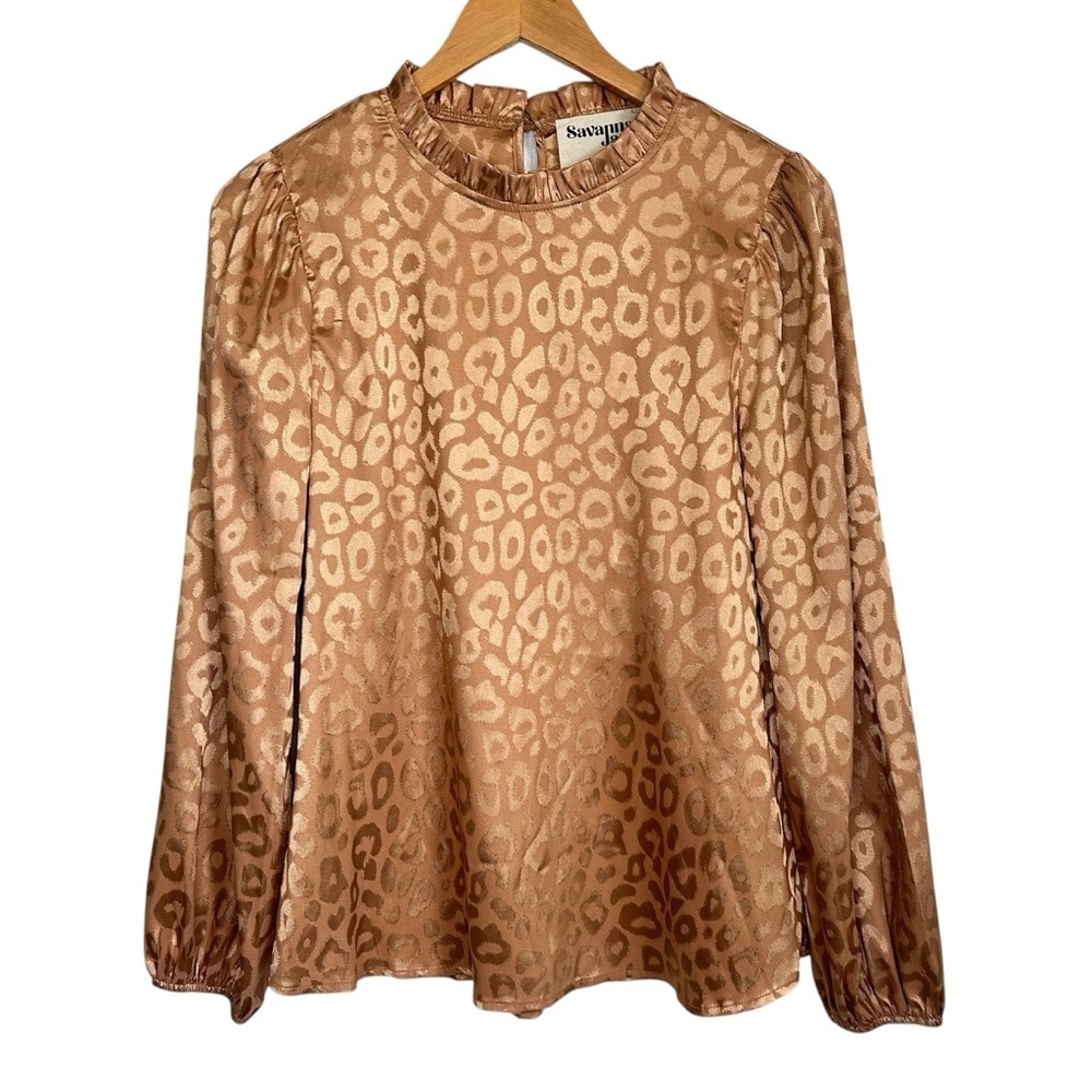 Savanna Jane Women Leopard Print Jacquard Satin Blouse Sz Small Gold Long Sleeve